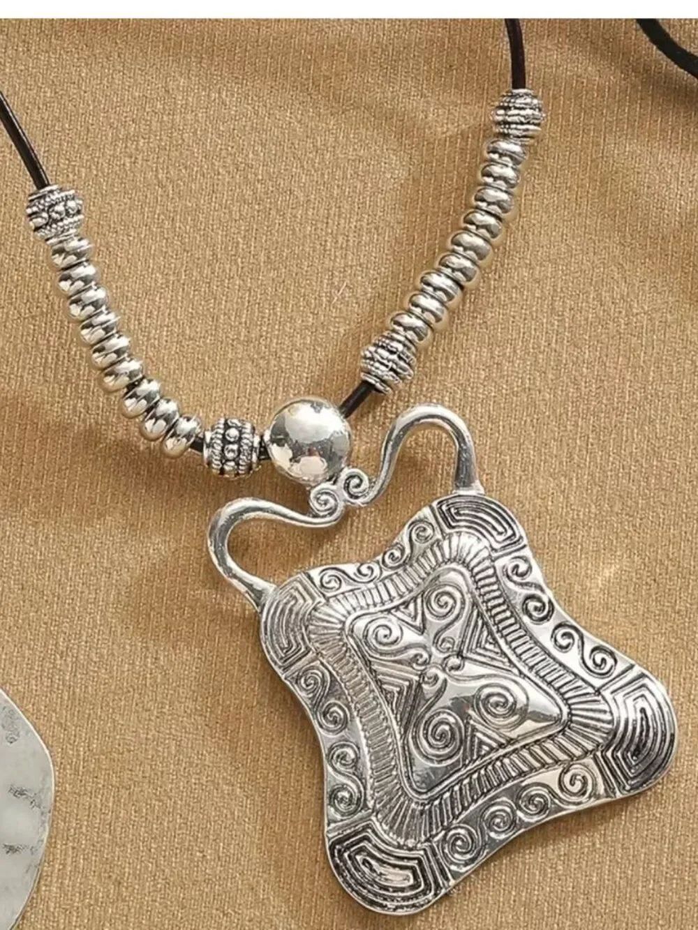 NWT Rectangle Vintage Scroll Pendant Necklace Statement Jewelry